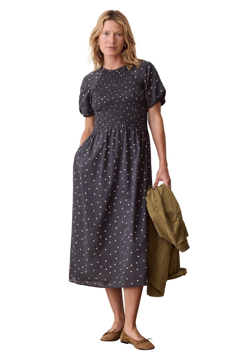 Gigi Smocked Cotton Blend Midi Dress, Alternate, color, NAVY POLKA DOT