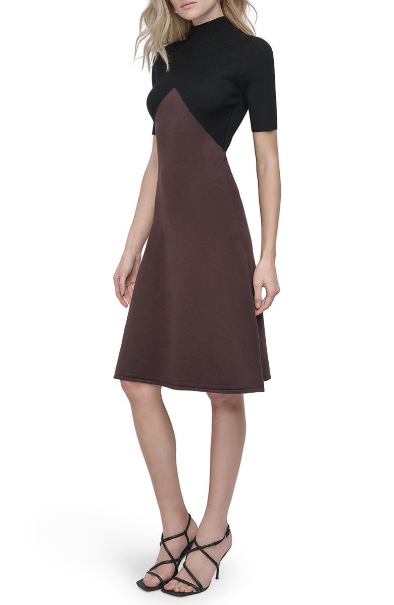 DKNY Colorblock Sliced Rib Short Sleeve Turtleneck Sweater Dress, Alternate, color, Black/Chocolate