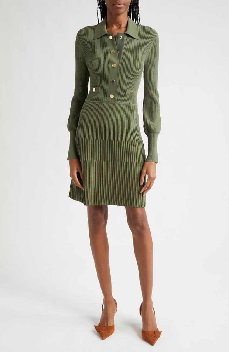 Veronica Beard Lauper Variegated Rib Long Sleeve Sweater Dress, Main, color, Stone Army