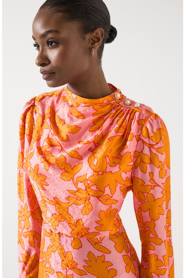 Samantha Floral Print Long Sleeve Midi Dress, Alternate, color, MULTI-ORANGE