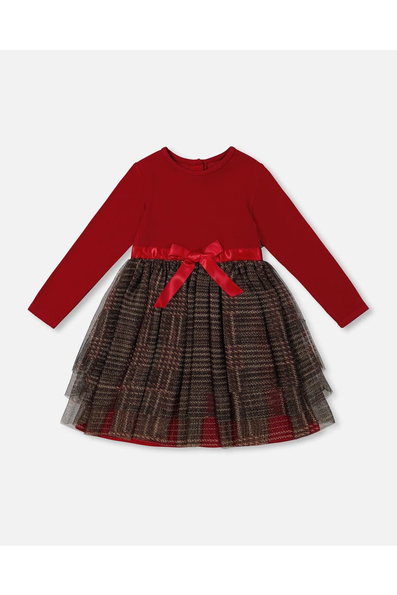 Baby Girl's Bi-Material Dress With Glittering Tulle Skirt Red Plaid, Main, color, Jester Red