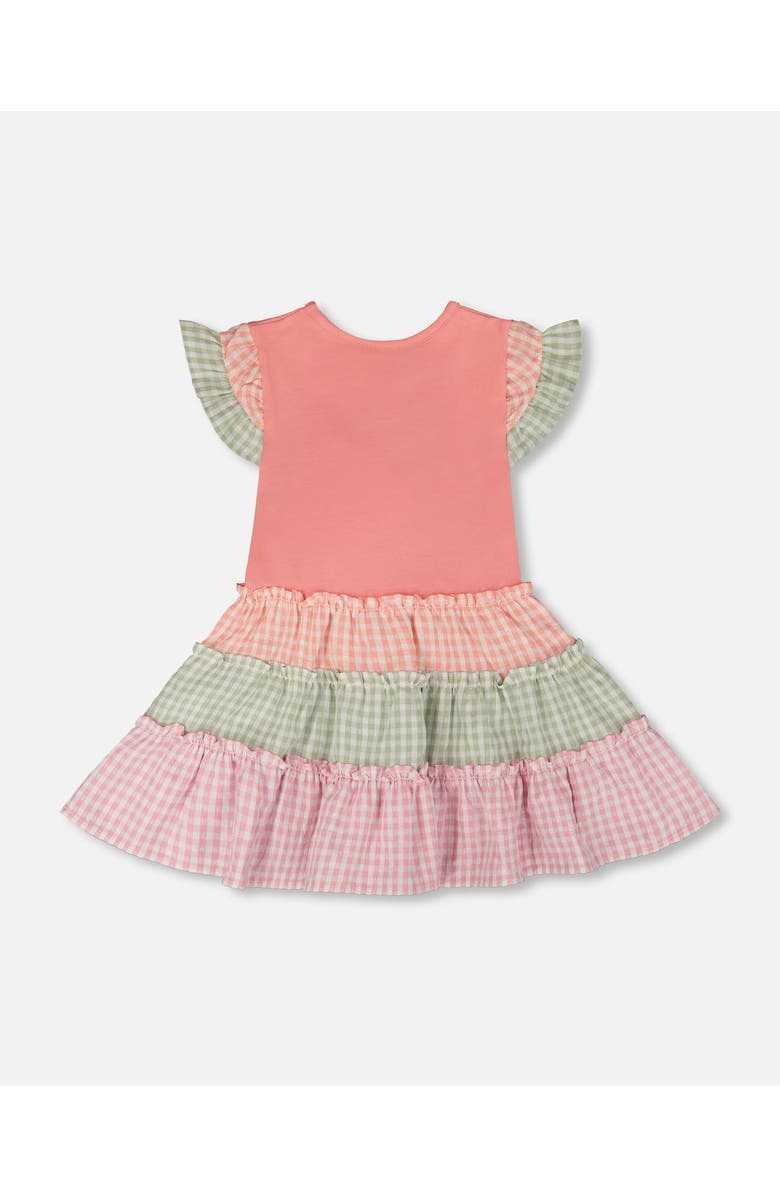 Deux par Deux Organic Cotton Bi-Material Flutter Ruffles Gingham Dress, Alternate, color, Coral & Gingham
