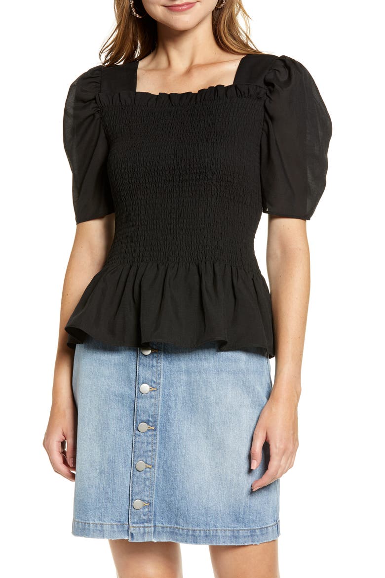 Square Neck Smock Top, Main, color, BLACK