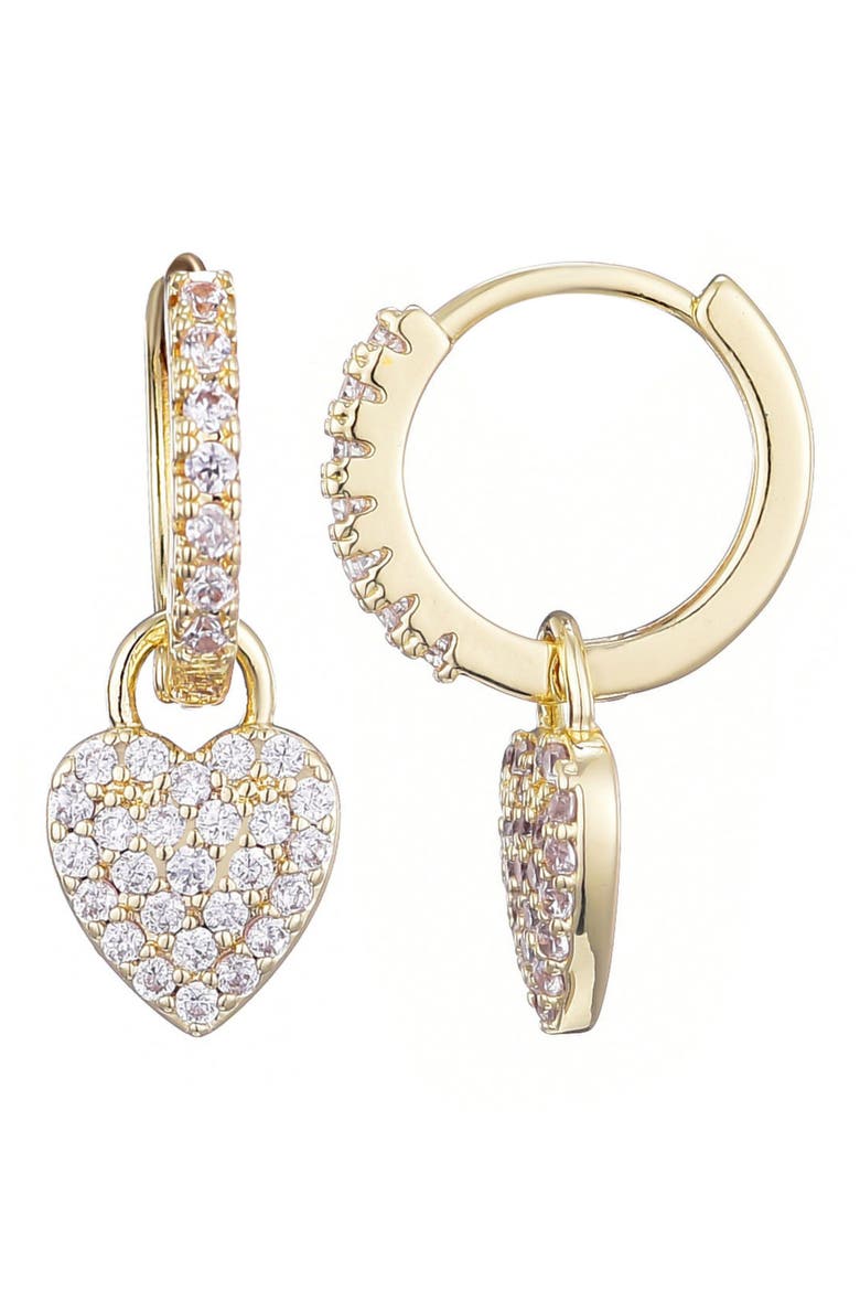 Cubic Zirconia Heart Drop Huggie Hoop Earrings, Alternate, color, GOLD