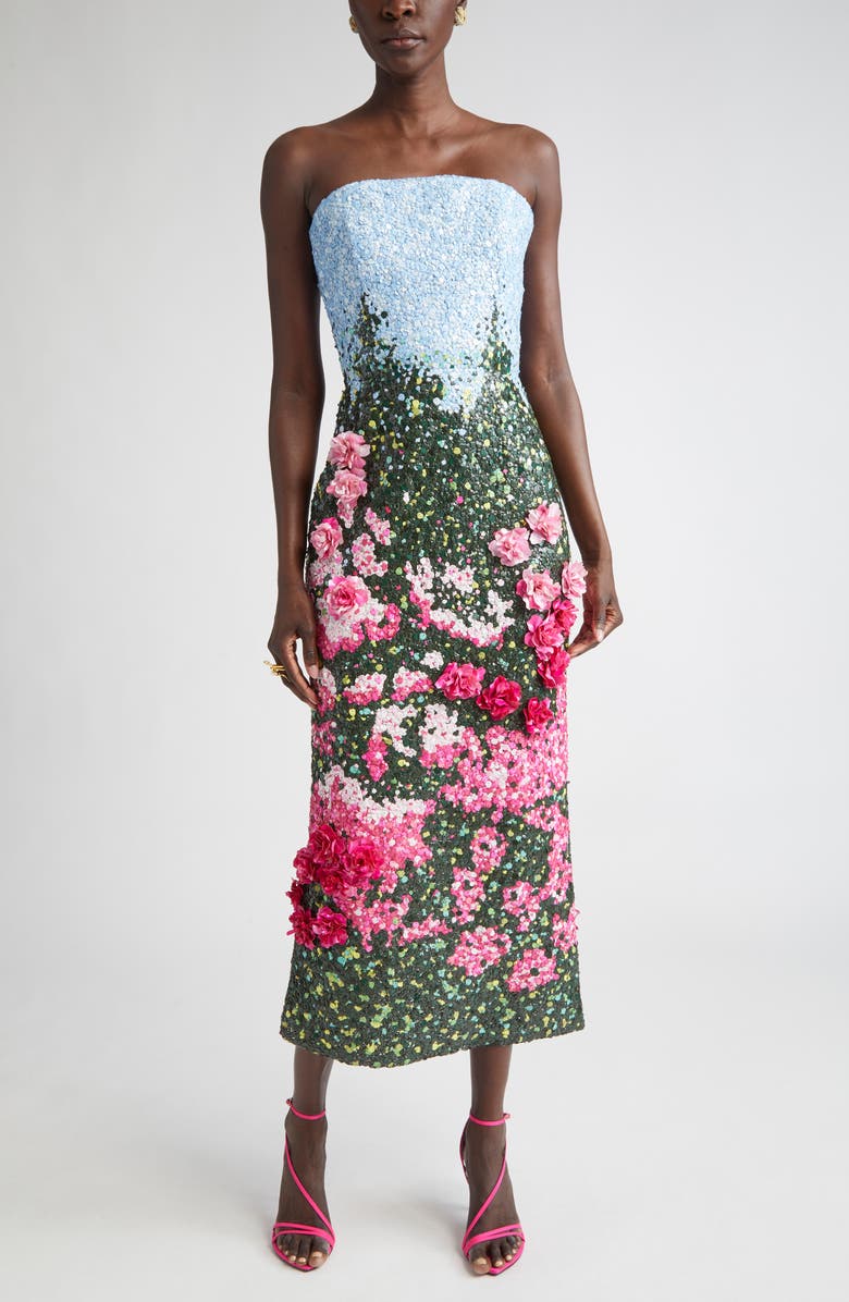 Oscar de la Renta Rose Field Sequin Strapless Gown, Main, color,