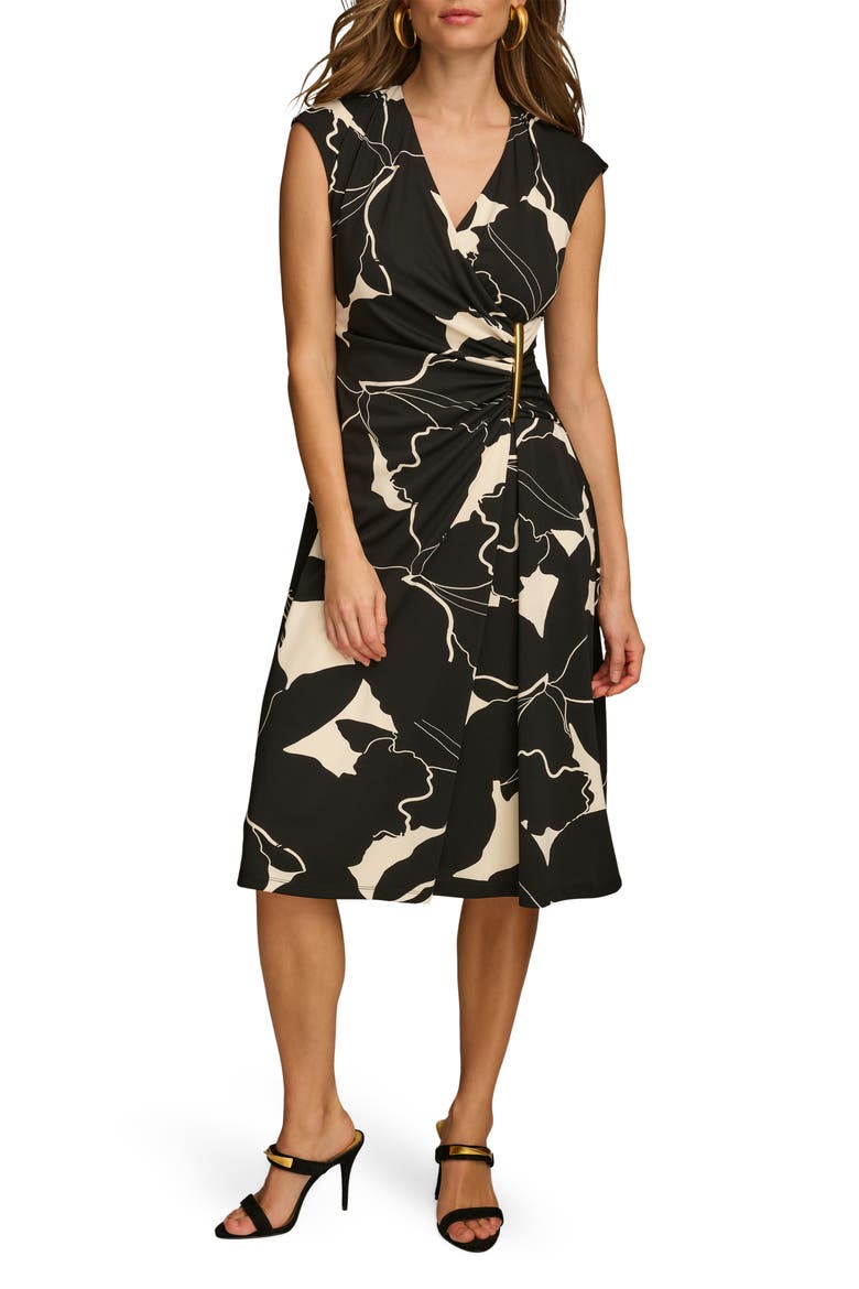 Floral Wrap Front Midi Dress, Alternate, color, BLACK/ PARCHMENT