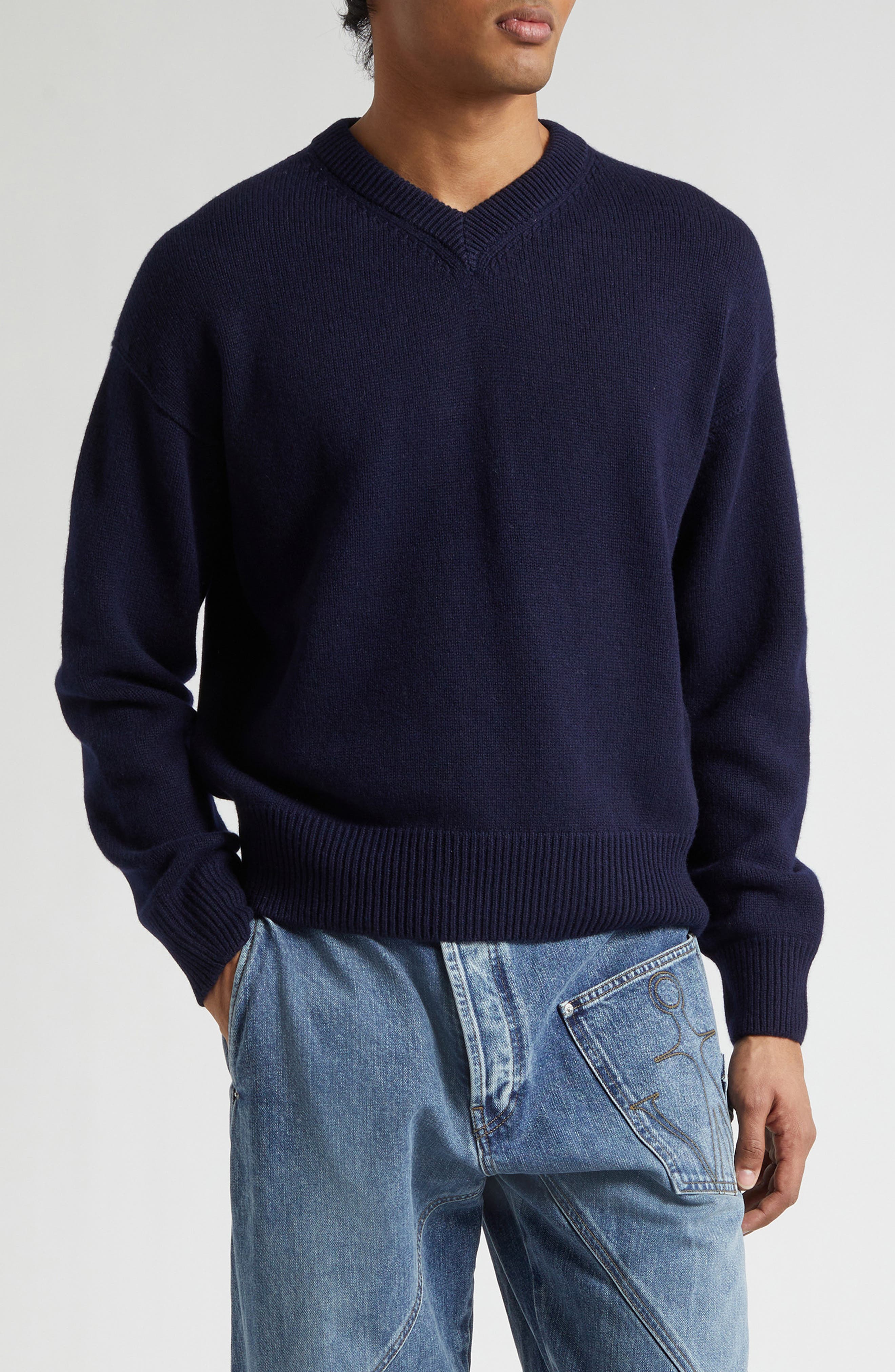 JOHN SWEENEY ネイビーポロセーター薄手 Loafer Stitch Cashmere V-Neck Sweater (Men) | Nordstrom