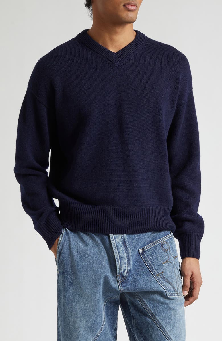 JW Anderson Loafer Stitch Cashmere V-Neck Sweater, Main, color, Navy