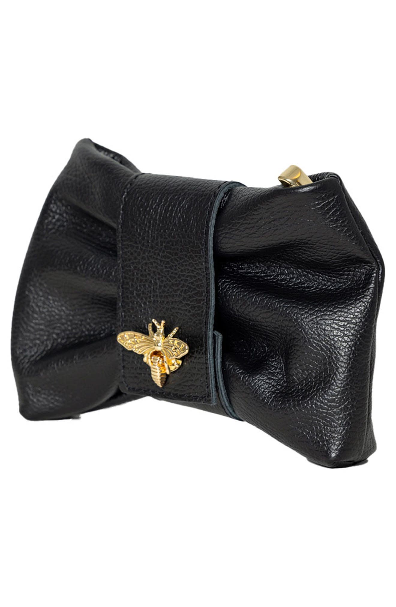 Persaman New York Bee Bow Leather Clutch, Alternate, color, Black