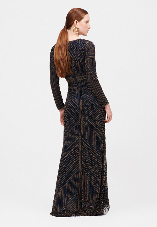 Beauut Embellished Sequin Beaded V Neck With Long Sleeves Maxi Dress In Navy