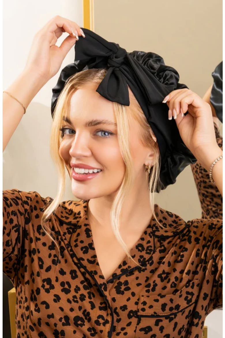 Bow Mulberry Silk Bonnet, Alternate, color, BLACK