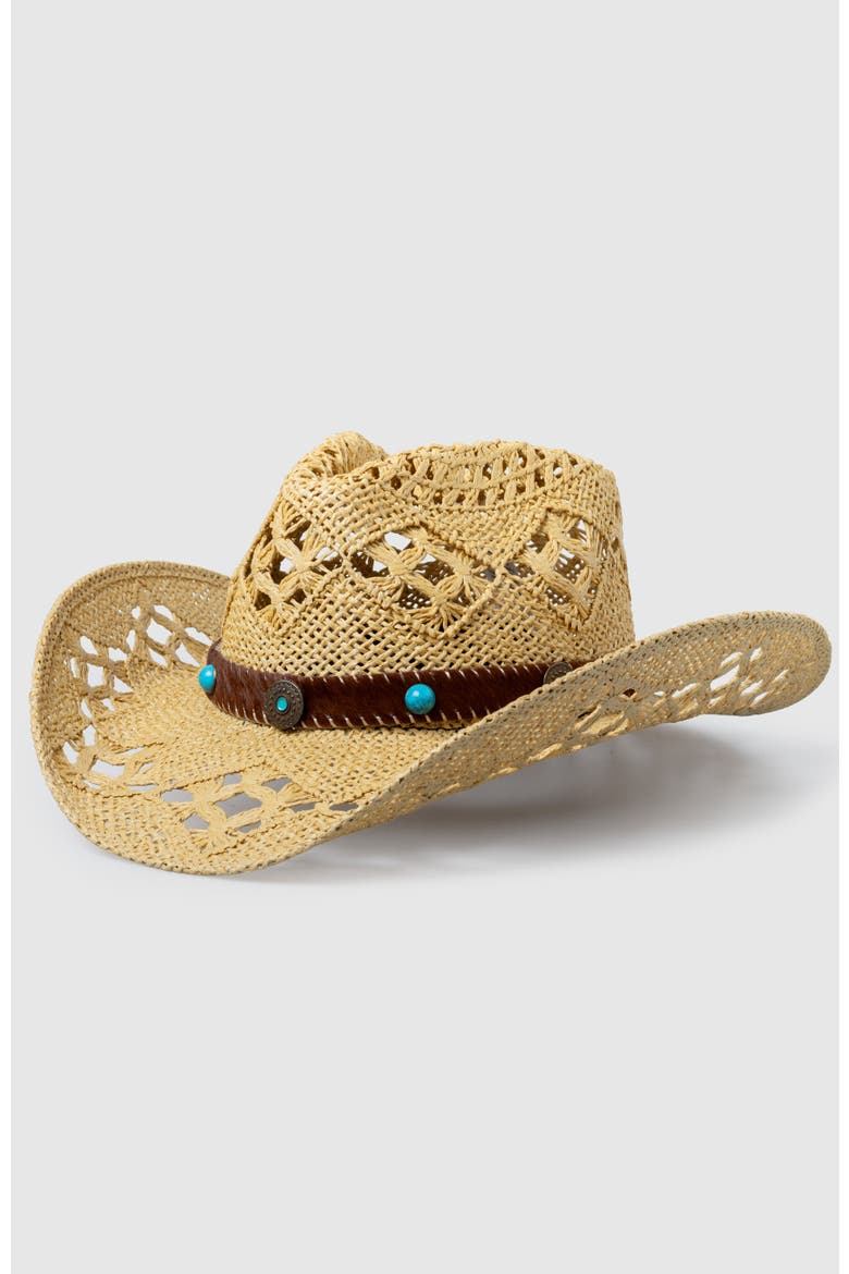 Twister Ranch  Handwoven Straw Sun Hat - Bohemian Summer Cowboy Hat, Main, color, Ochre / Turquoise