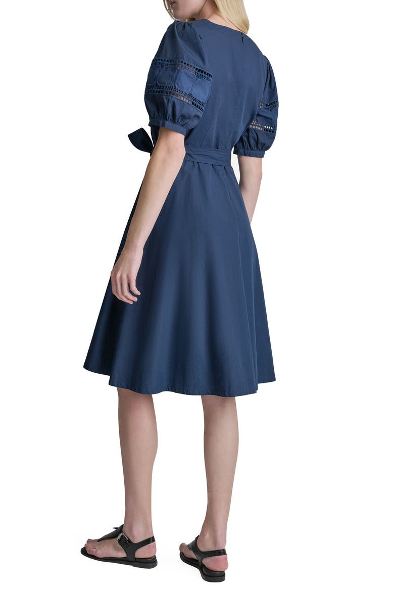 Lace Trim Faux Wrap Dress, Alternate, color, INDIGO