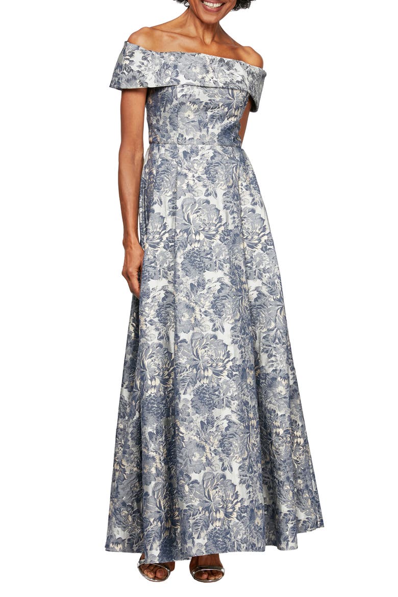 Floral Brocade Off the Shoulder Gown, Main, color, SILVER MULTI