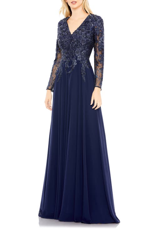 Embroidered Illusion Long Sleeve V Neck Gown