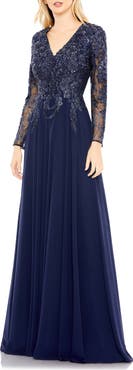 Mac Duggal Embroidered Illusion Long Sleeve V Neck Gown