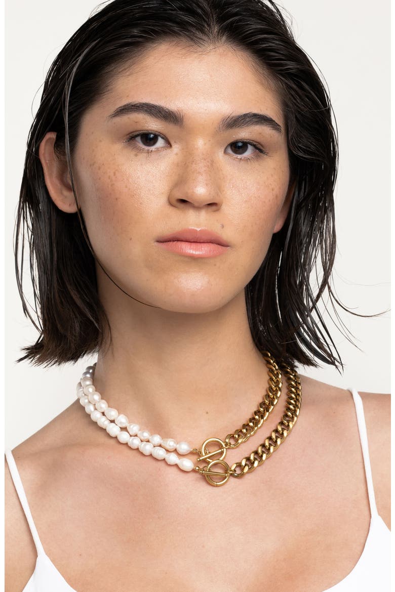 Freshwater Pearl & Curb Chain Toggle Necklace, Alternate, color, WHITE/ GOLD