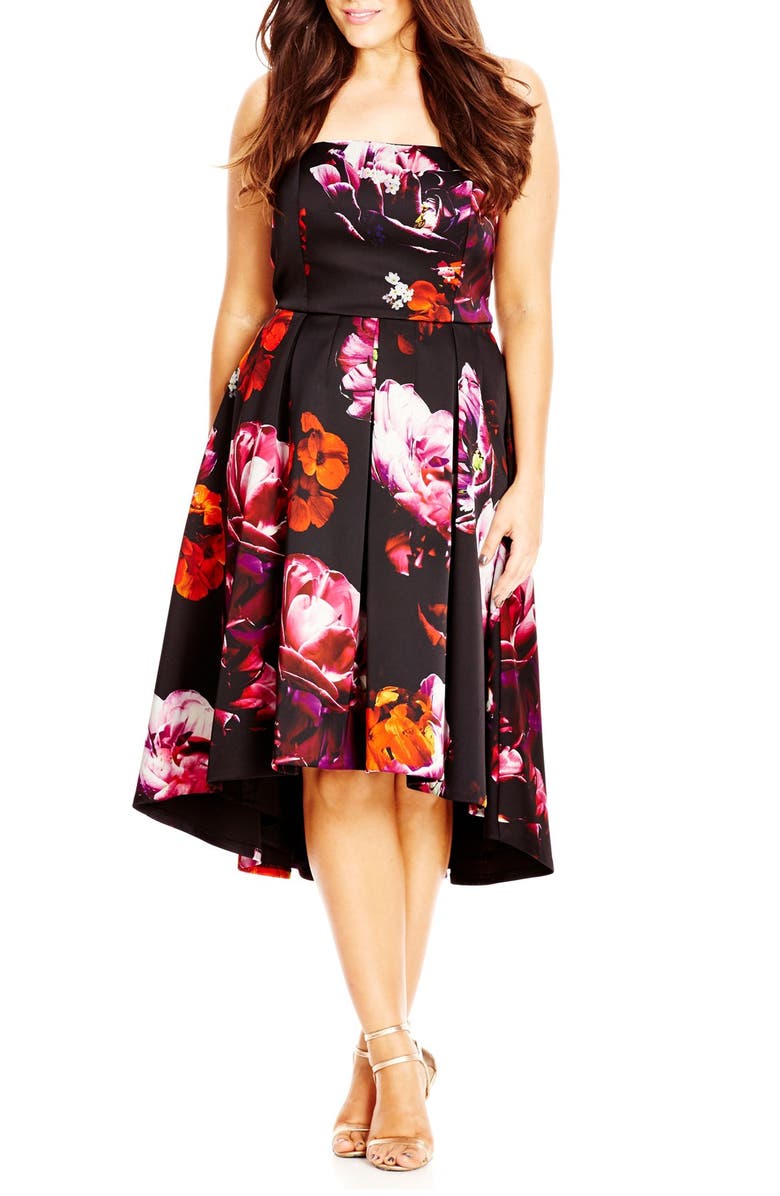 City Chic 'Floral Magic' Floral Print Strapless High/Low Dress, Main, color,