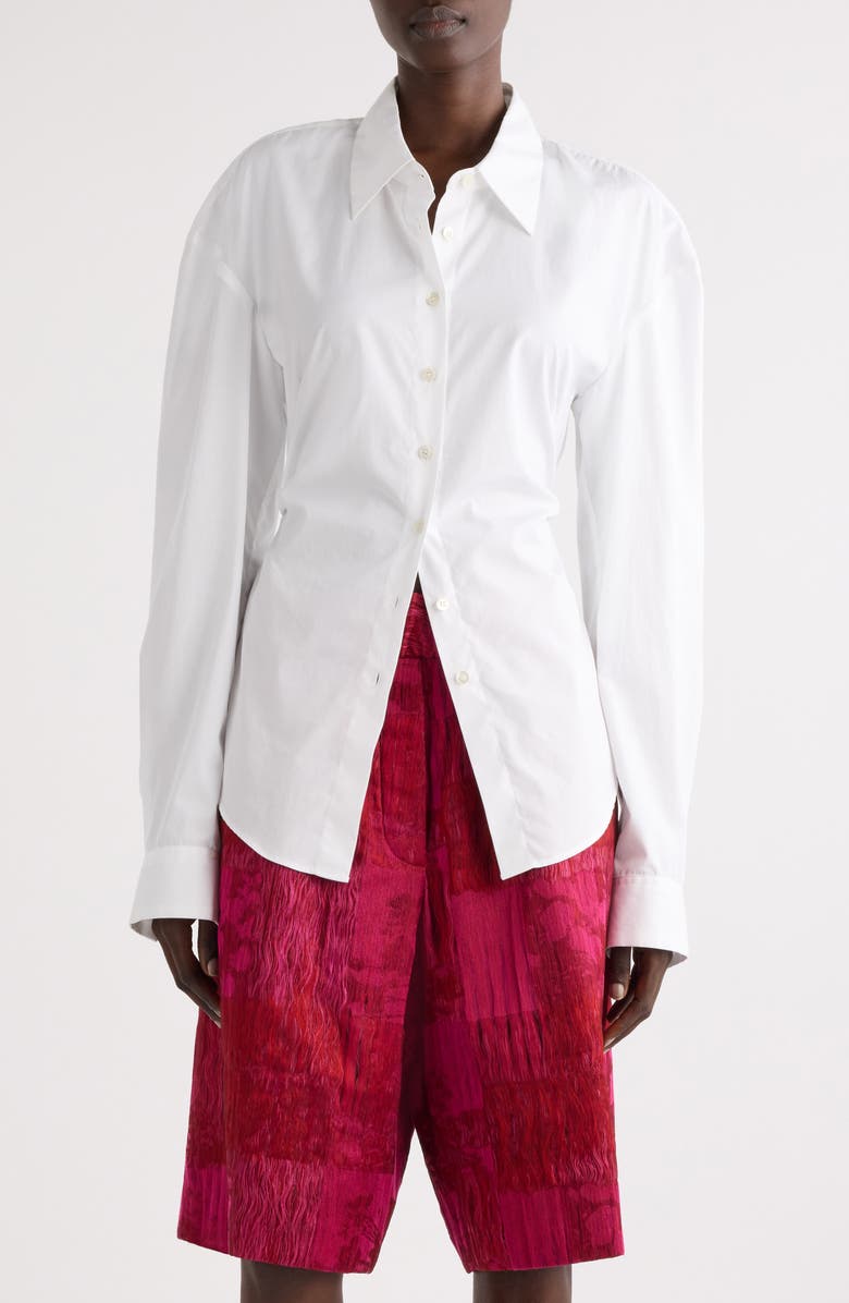 Dries Van Noten Pleated Belted Cotton Button-Up Shirt, Main, color, White