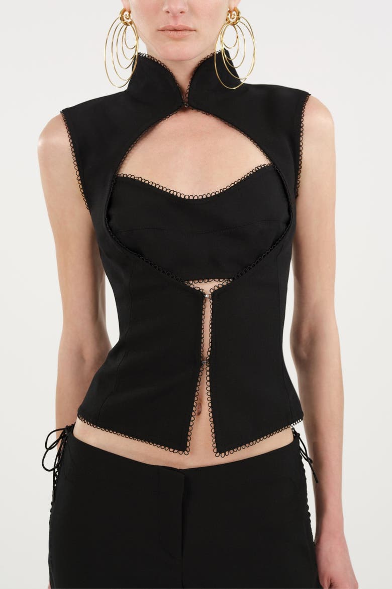 Braid-Trim Bustier Top with Built-In Bra, Alternate, color, Black