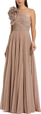 Mac Duggal Pleated Metallic One Shoulder Gown With Ruffle