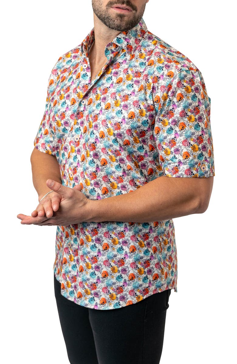 Maceoo Galileo Floral Skull 12 White Contemporary Fit Short Sleeve Button-Up Shirt, Alternate, color, White