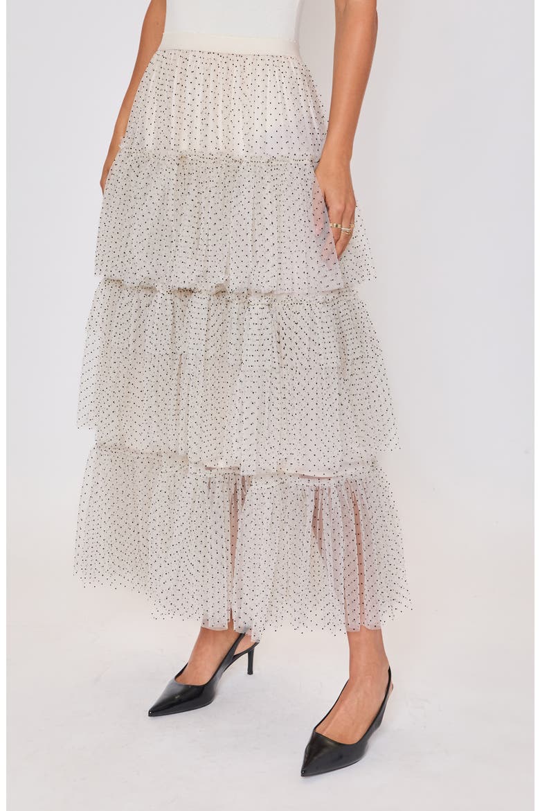 Jessica Dot Print Tiered Mesh Maxi Skirt, Alternate, color, CREAM/ BLACK
