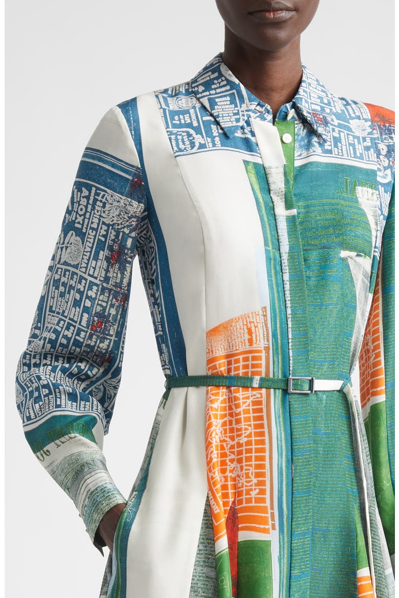 Collage Print Belted Long Sleeve Sandwashed Silk Shirtdress, Alternate, color, BLUE GREEN MULTI