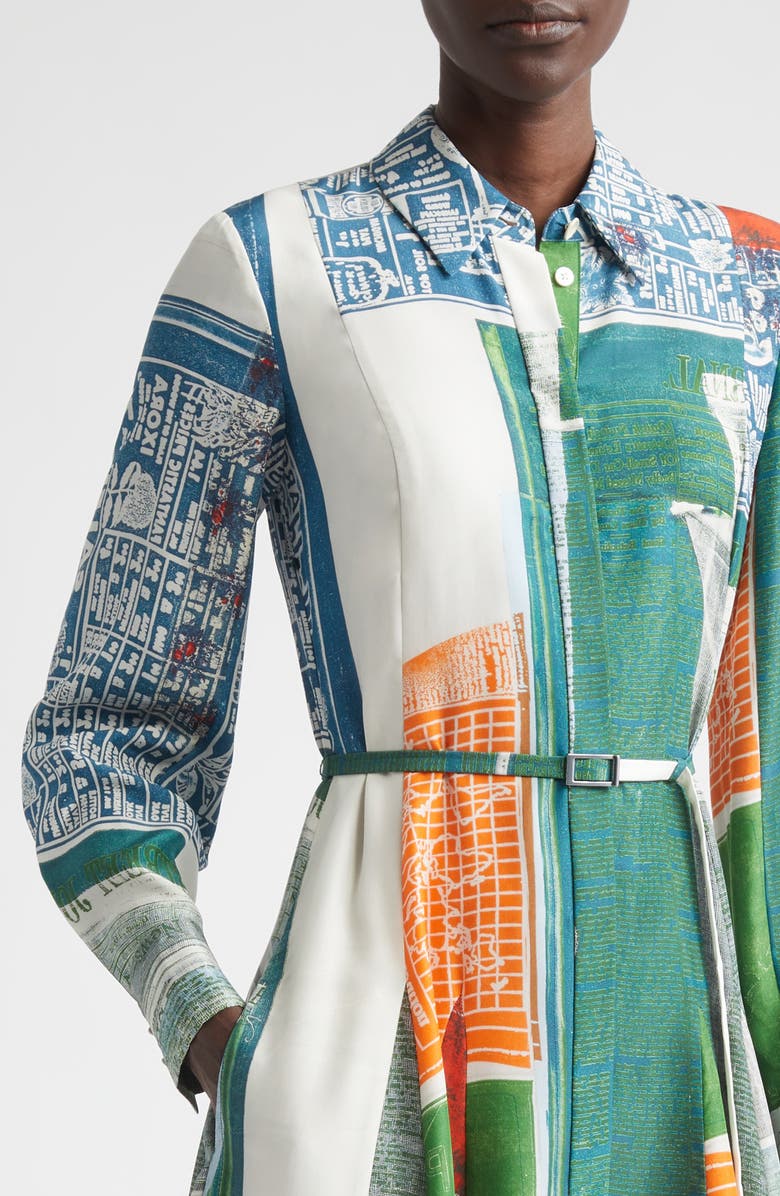 Jason Wu Collection Collage Print Belted Long Sleeve Sandwashed Silk Shirtdress, Alternate, color, Blue Green Multi