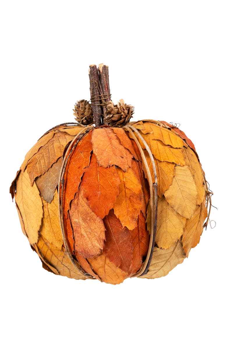 Northlight Layered Leaves and Twigs Fall Harvest Pumpkin with Pinecones - 7.5" - Orange, Main, color, 