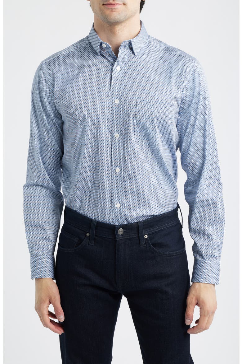 Logan Print Button-Up Shirt, Main, color, NAVY / BROWN TRIANGLE GRID
