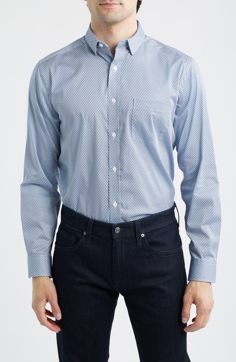 Johnston & Murphy Logan Print Button-Up Shirt, Main, color, Navy / Brown Triangle Grid