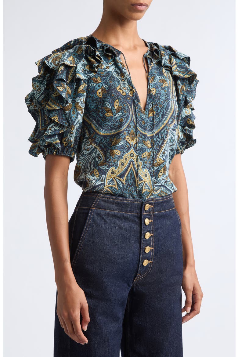 Josephine Ruffled Silk Top, Alternate, color, PRUSSIAN