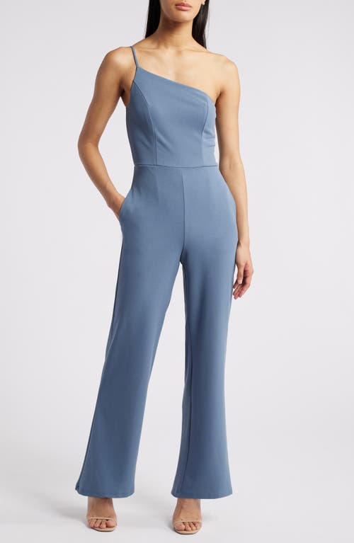 bebe Core One-Shoulder Wide Leg Jumpsuit in Denim 