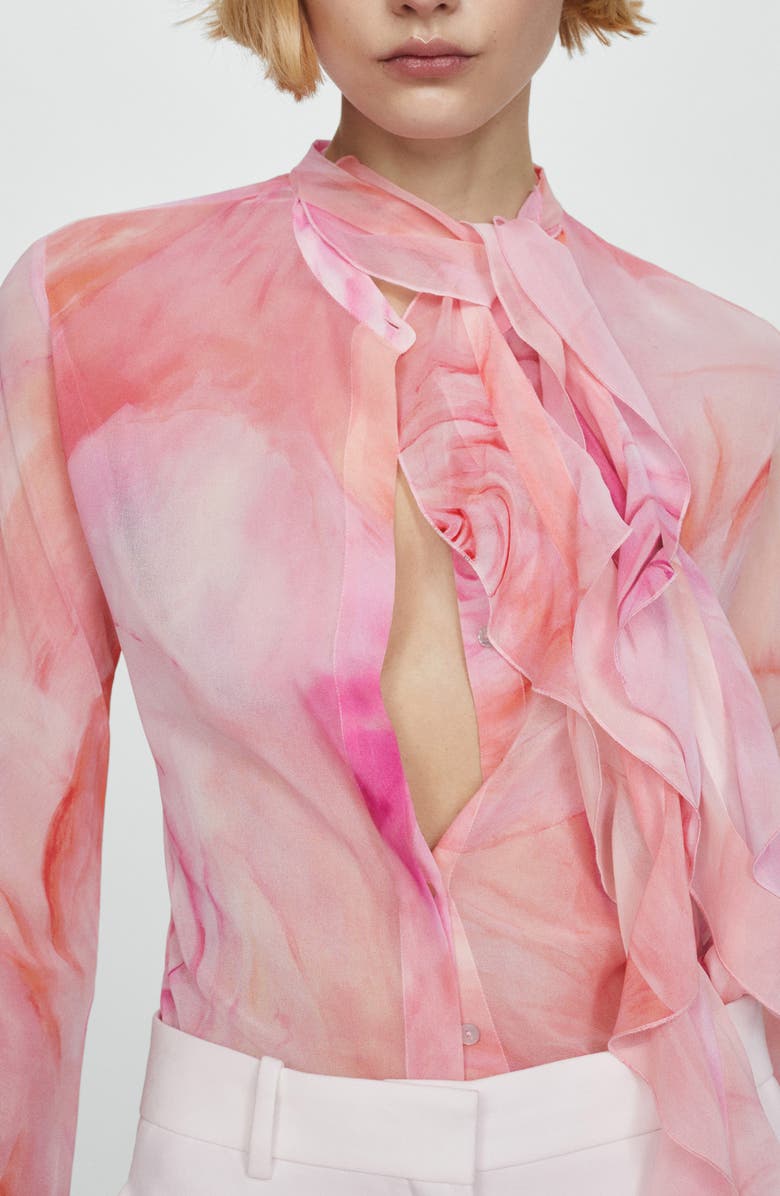 MANGO Floral Ruffle Tie Neck Button-Up Top, Alternate, color,