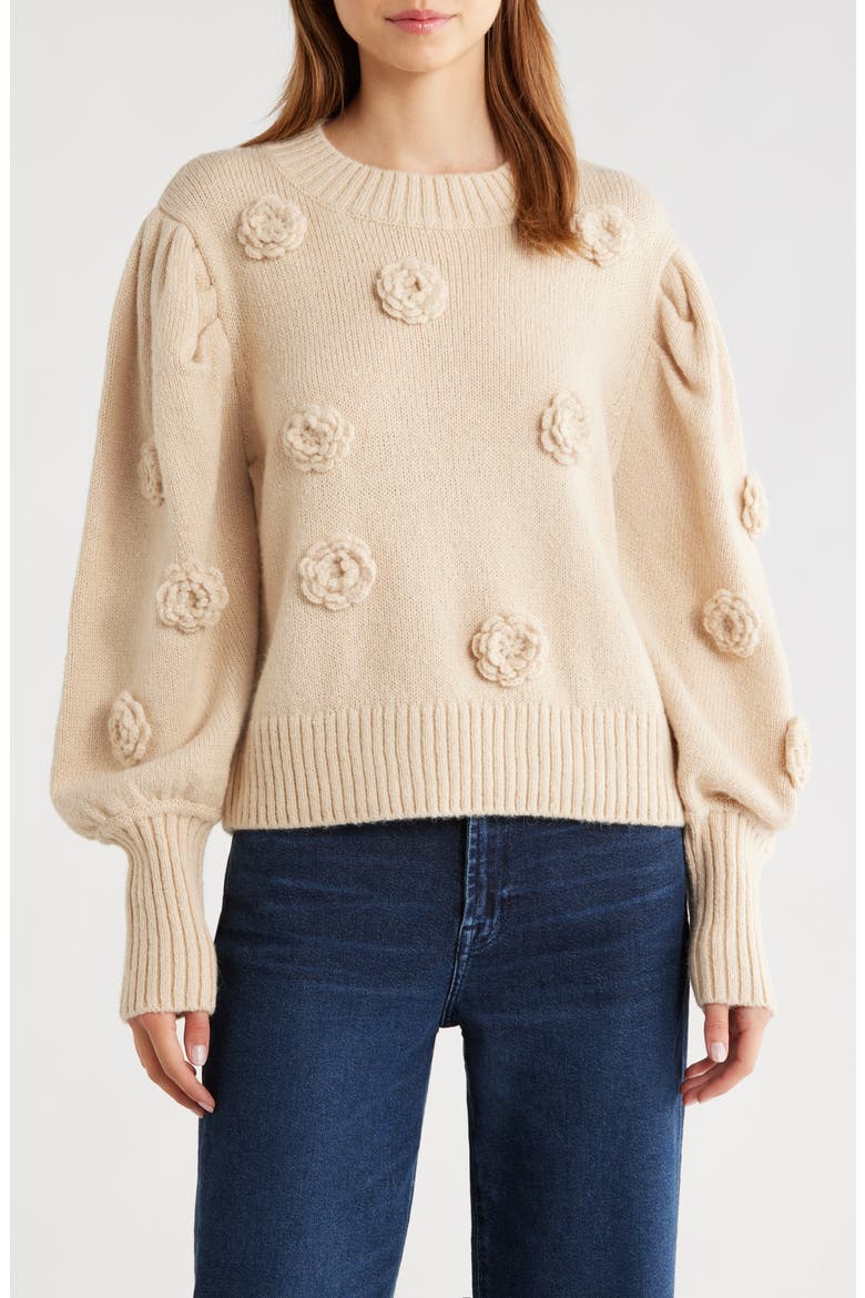 3D Crochet Flower Crewneck Sweater, Main, color, SAND