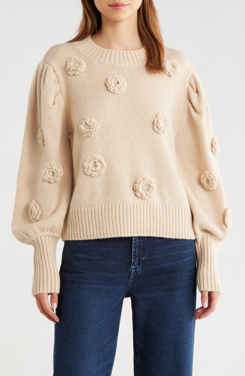 FARM Rio 3D Crochet Flower Crewneck Sweater, Main, color, Sand