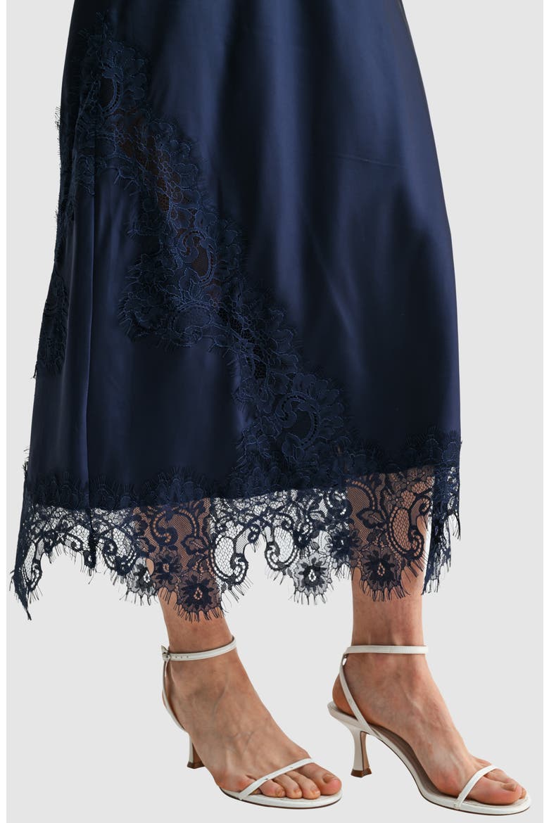 Lace Trim Satin Midi Skirt, Alternate, color, NAVY