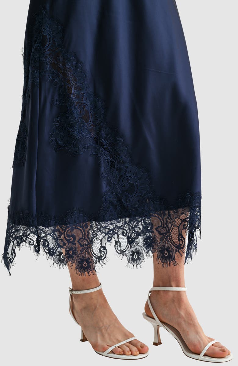All in Favor Lace Trim Satin Midi Skirt, Alternate, color, Navy
