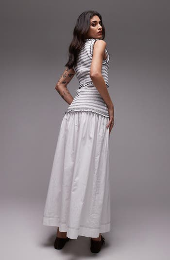 Contrast Stitch Smocked Drop-Waist Maxi Dress