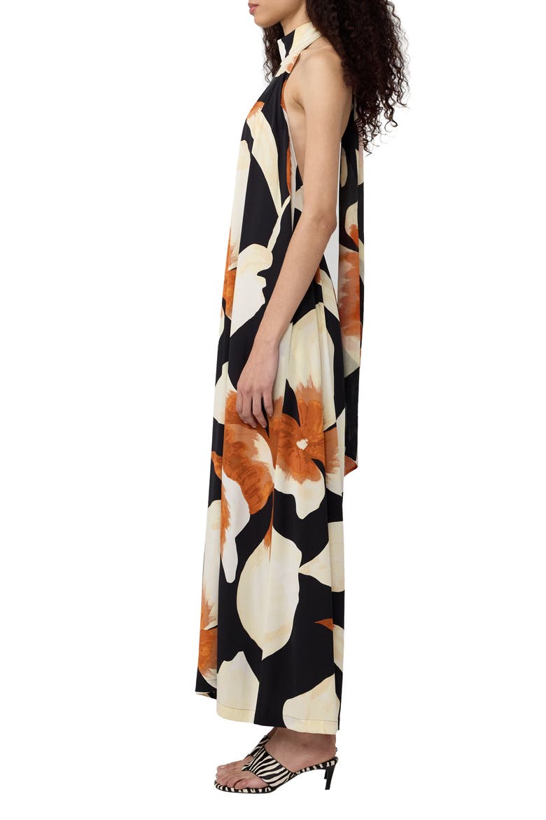Cher Floral Halter Neck Wide Leg Stretch Silk Jumpsuit, Alternate, color, ISLAND ORCHID GIANT BLACK