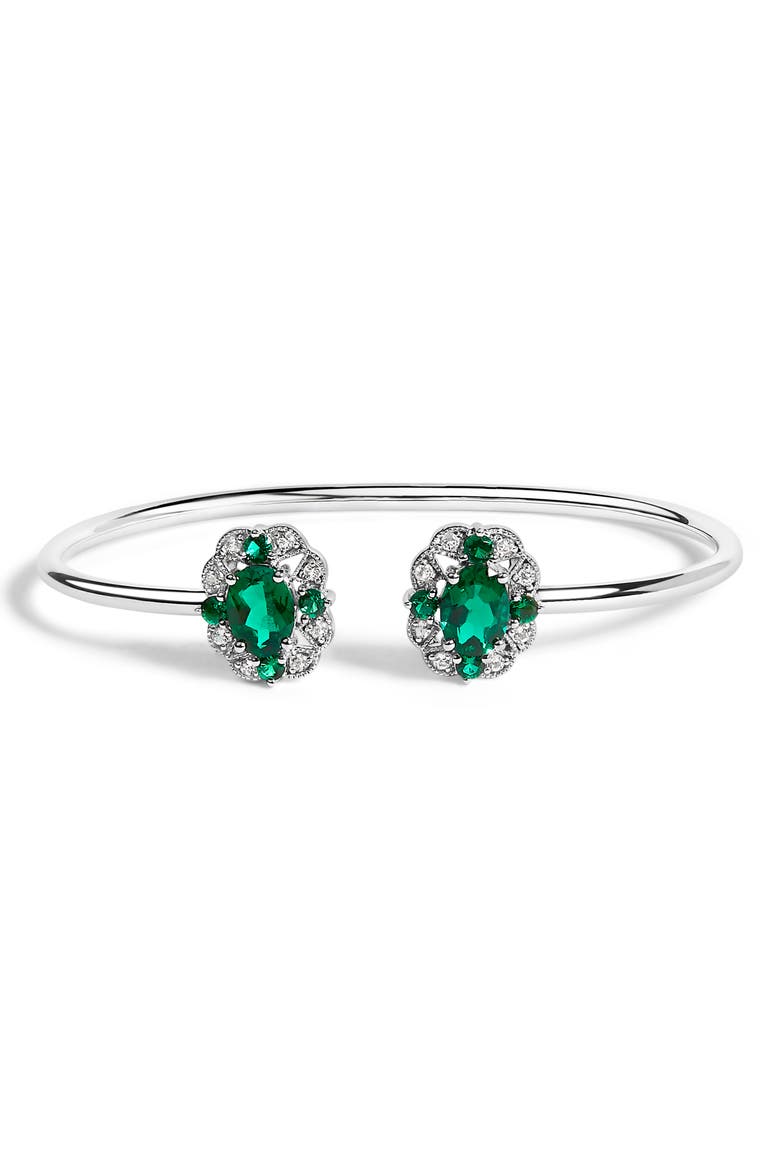 Sterling Silver White Topaz and Green Emerald Floral Bangle Bracelet, Main, color, Silver