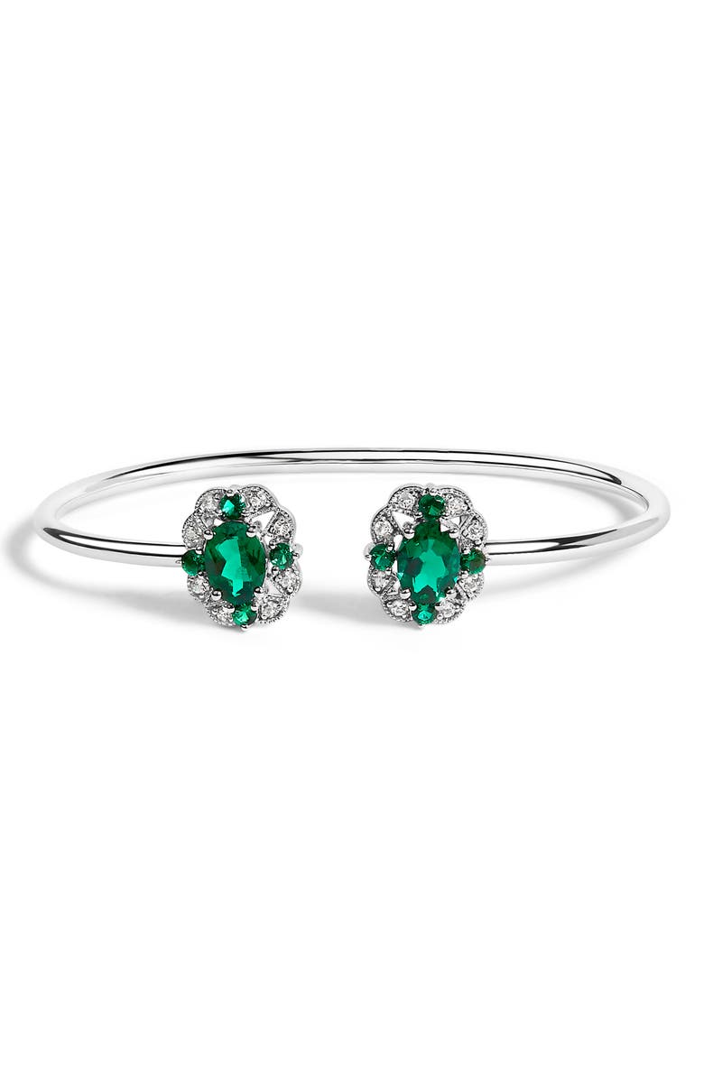 Haus of Brilliance Sterling Silver White Topaz and Green Emerald Floral Bangle Bracelet, Main, color, Silver