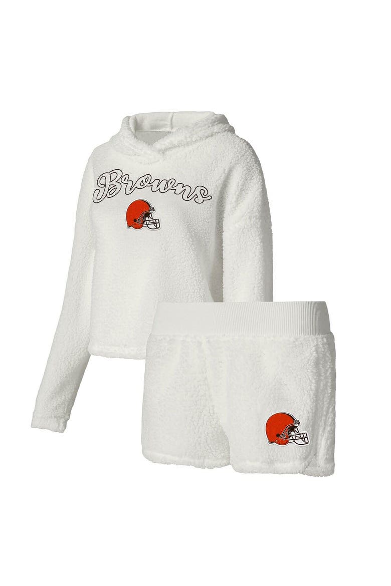 Women's Concepts Sport  White Cleveland Browns Fluffy Pullover Sweatshirt & Shorts Sleep Set, Main, color, White