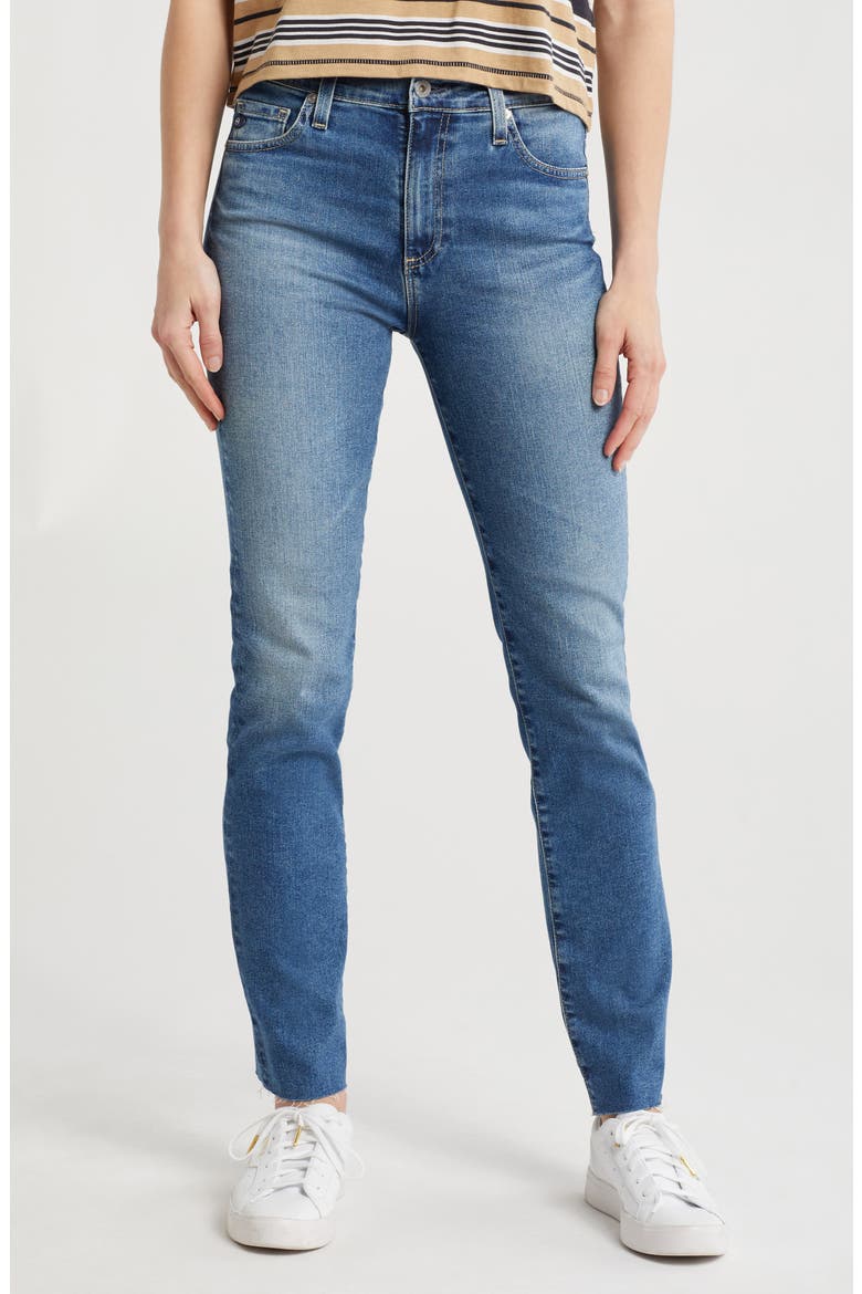 Mari High Waist Raw Hem Slim Straight Jeans, Main, color, ARCADIA