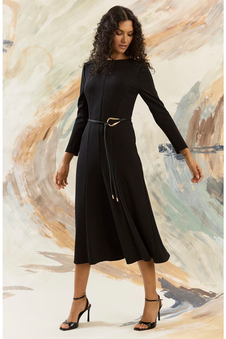 Long Sleeve Tie Waist Midi Dress, Alternate, color, BLACK