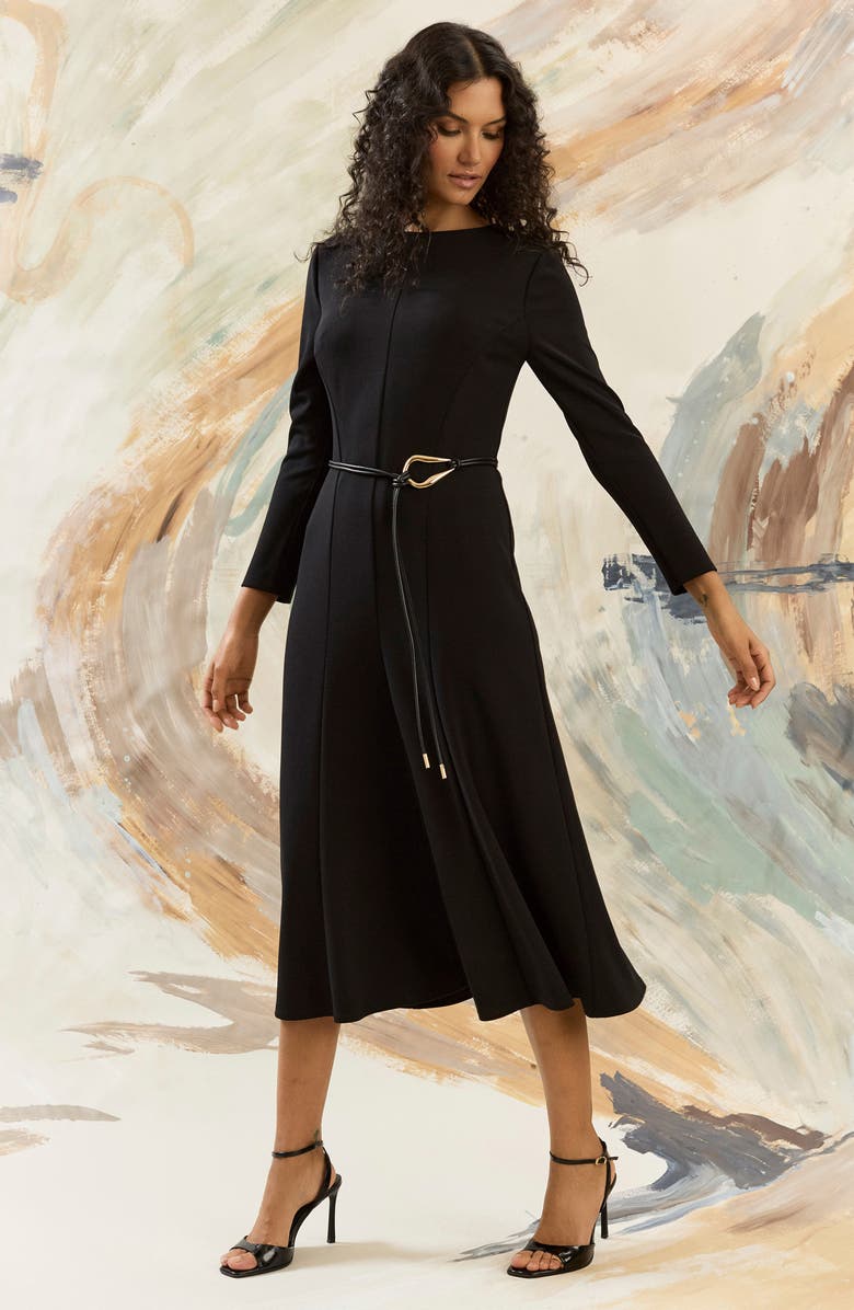 Maggy London Long Sleeve Tie Waist Midi Dress, Alternate, color, Black