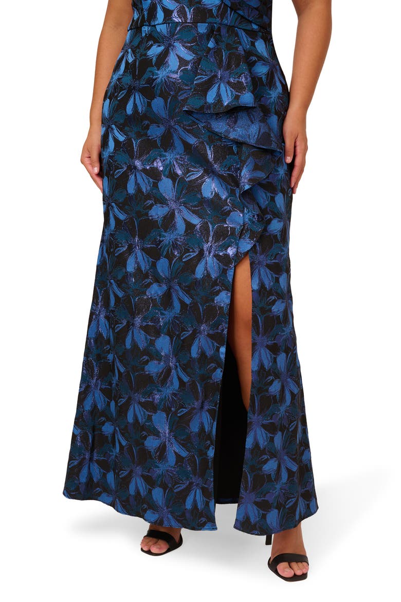 Metallic Floral Jacquard Off the Shoulder Gown, Alternate, color, BLUE MULTI