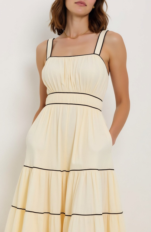 Modenaire Strappy Tiered Maxi Dress With Contrasting Trim And Flowing Silhouette In Yellow