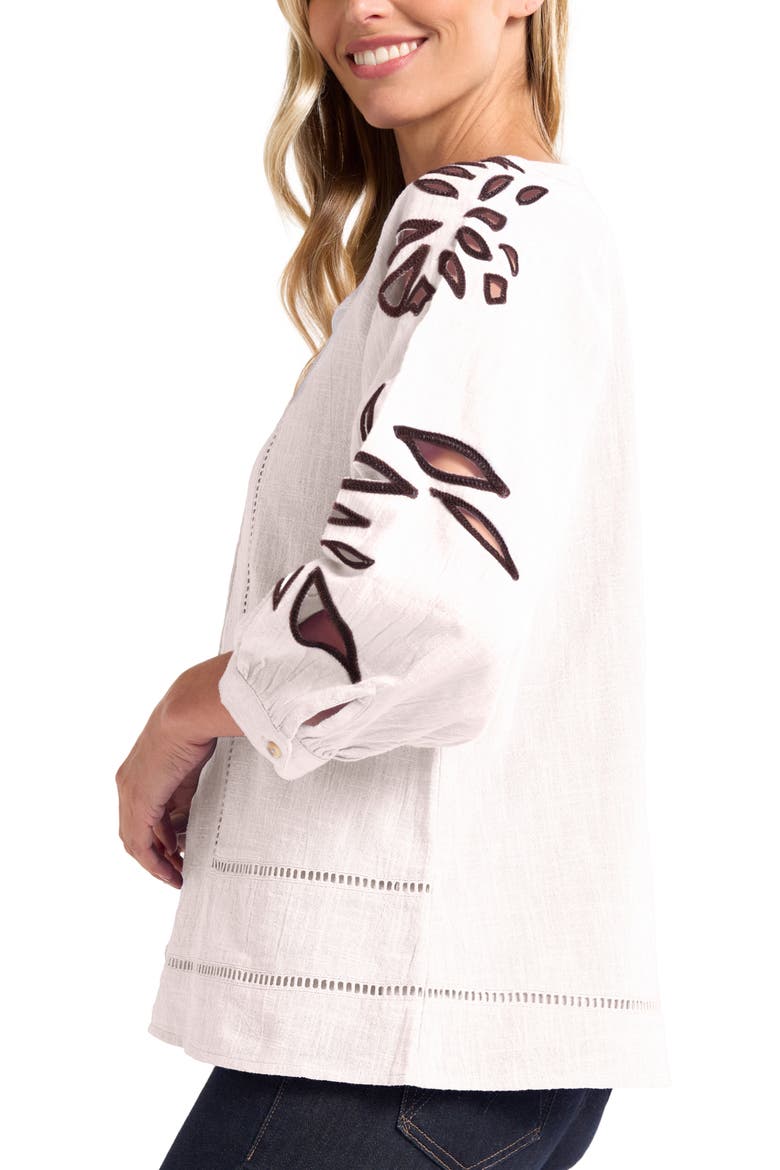 Athena Embroidered Puff Sleeve Cotton Top, Alternate, color, WHITE/ CHOCOLATE
